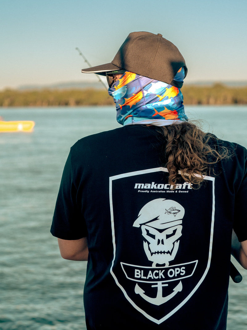 Back of the Black Ops t-shirt worn on the water